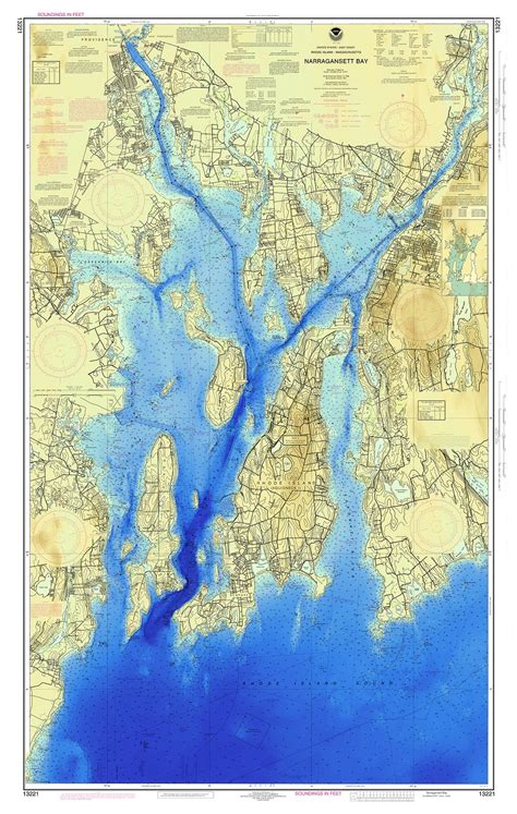 NARRAGANSETT BAY, Rhode Island - Nautical Chart - With Elevation Data, Visualized Water Depths