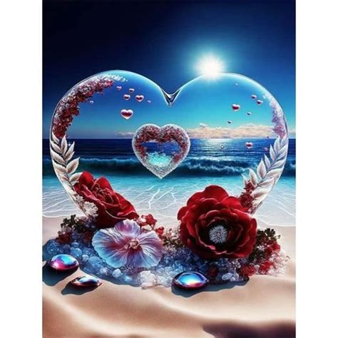 Coeur Rose Diamond Painting Coeur Plage Kit Complet Broderie Diamant