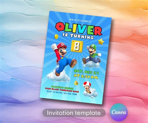 Printable Super Mario Invitation Birthday Invite Boy Girl Mario Bros