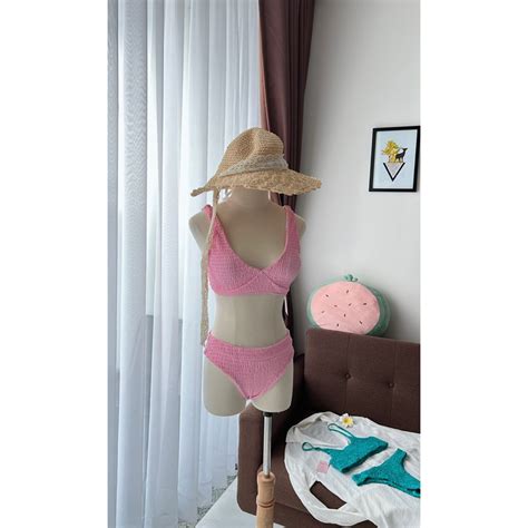 Bikini mảnh vải thun màu hồng trắng xanh Shopee Việt Nam