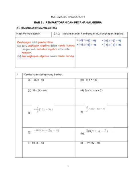 Latihan Ungkapan Algebra Tingkatan 1