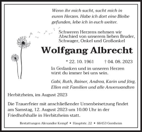 Traueranzeigen Von Wolfgang Albrecht Saarbruecker Zeitung Trauer De