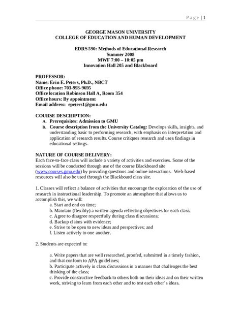 Sample Syllabus George Mason University Cehd Gmu Doc Template