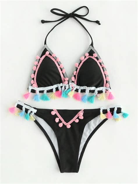 Pom Pom Tassel Embellished Bikini Set Biquini Ciganinha Biquini