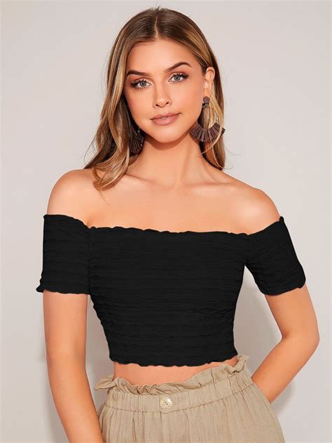 Off Shoulder Lettuce Trim Crop Top Stretch Crop Tops Black Lace Crop