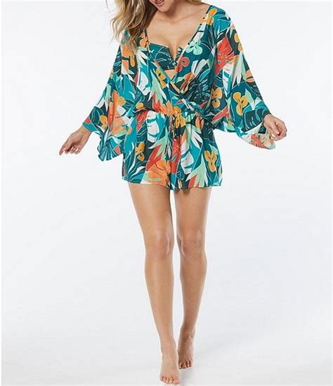 Vince Camuto Floral Print Surplice V Neck Kimono Sleeve Cover Up Romper