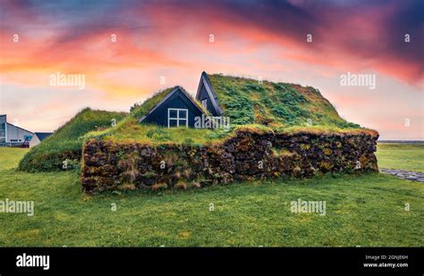 Typical View Of Turf Top Houses In Icelandic Countryside Captivating