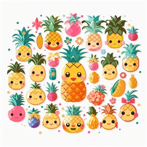 Premium Photo A Set Of Kawaii Pineapple Designs Generative Ai