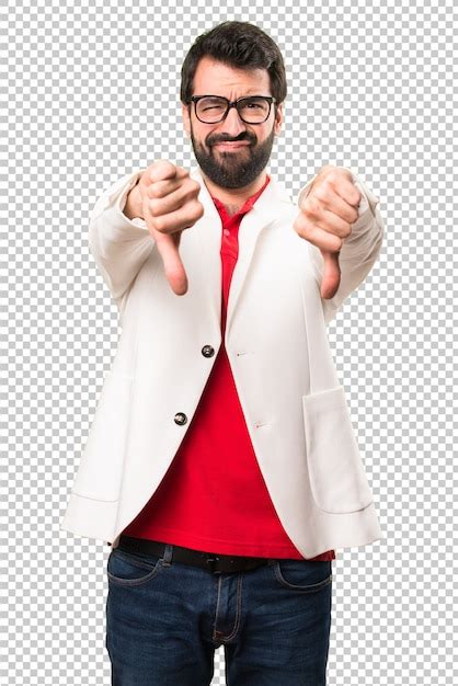 Premium Psd Brunette Man With Glasses Making Bad Signal