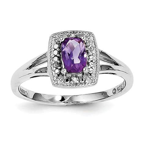 Primal Silver Sterling Silver Rhodium Plated Amethyst And Diamond Ring