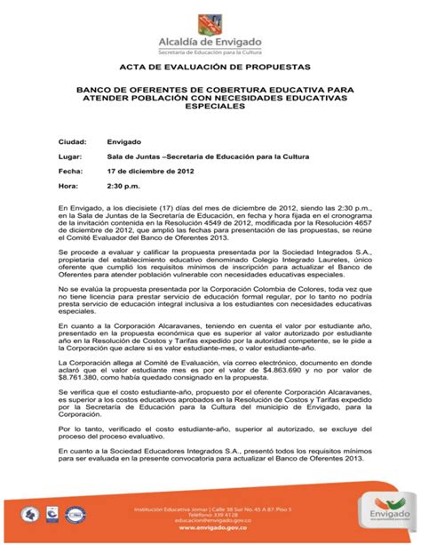 Acta De Evaluaci N De Propuestas Banco De Oferentes De