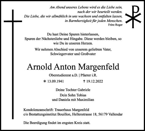 Traueranzeigen Von Arnold Anton Margenfeld Rz Trauer De