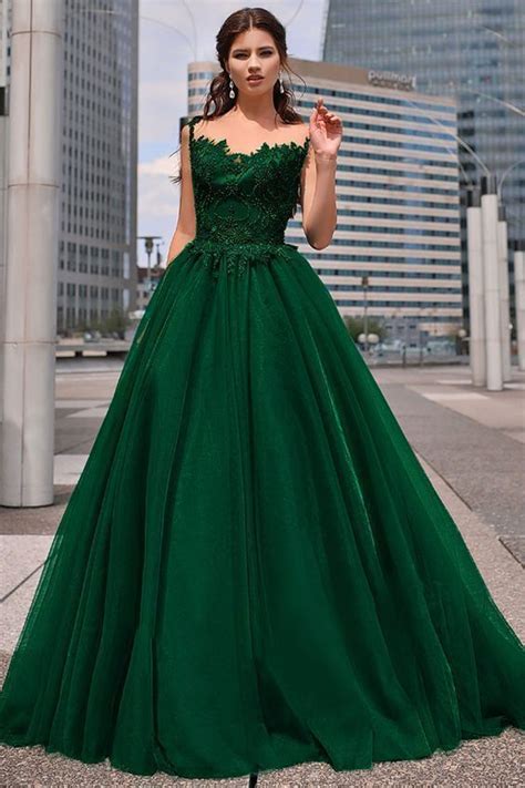 Showy Tulle Jewel Neckline Floor Length A Line Prom Dresses With Beaded