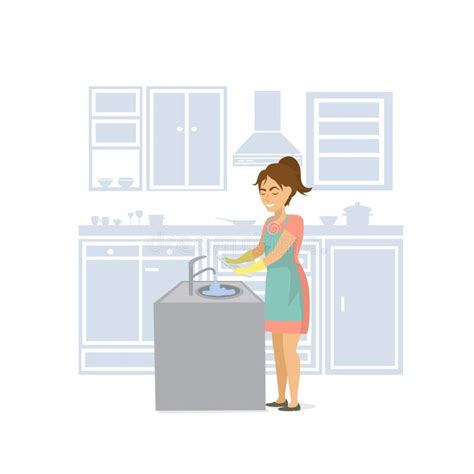 Woman Washing Dishes Housewife Housework Comfort Stock Vector