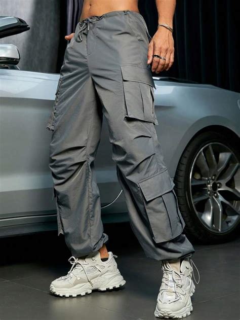 Men Street Drawstring Waist Flap Pocket Side Cargo Parachute Pants