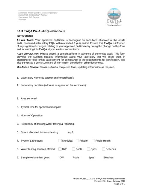 EWQA Pre Audit Questionnaire Laboratory Ination Lmlabs Phsa Doc