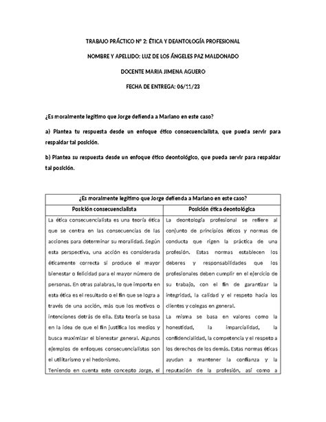 Tp n2 Ética y Deontología Profesional TRABAJO PRÁCTICO N 2 ÉTICA Y