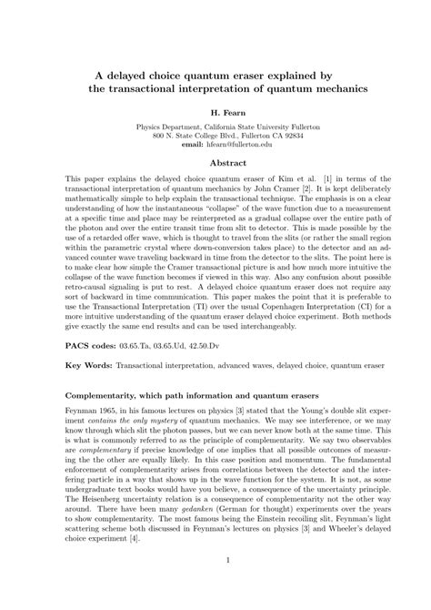 (PDF) A Delayed Choice Quantum Eraser Explained by the Transactional ...