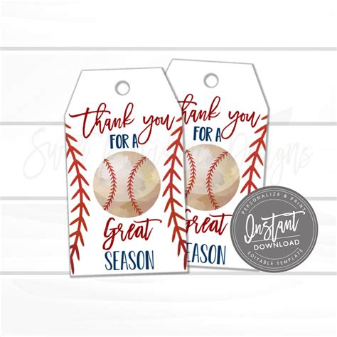 Baseball Printable Gift Tag Thanks For A Great Season Favor Tag End