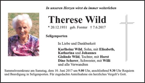 Traueranzeigen Von Therese Wild Mittelbayerische Trauer