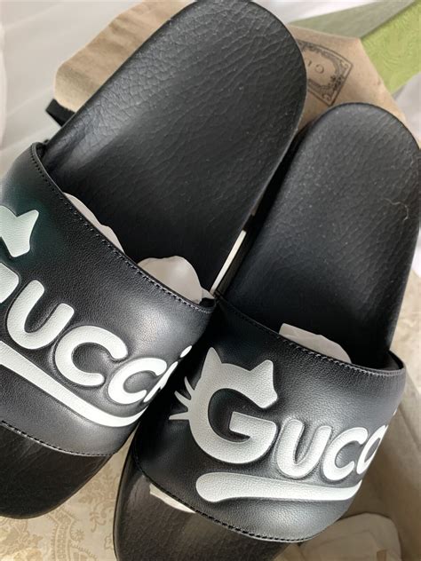 Gucci Pursuit Black Cat Leather Pool Slide Sandals 7 Gem