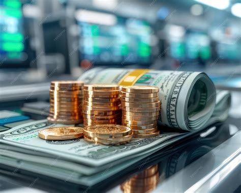 Foreign Currency Exchange Booth with Stacks of Gold Coins and Rolled US