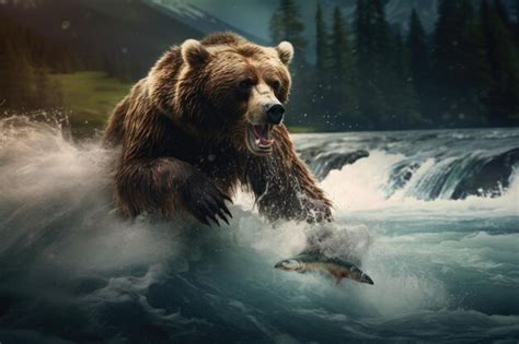 Premium Photo | A powerful bear fishing for salmon in a wild river ...