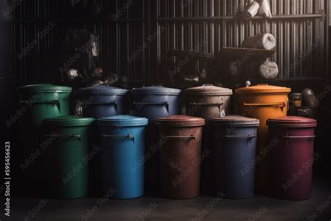 Bins in various colors for waste disposal. Generative AI Stock ...