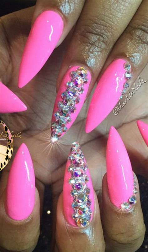 Pink Neon Stiletto Rhinestone Nails Design Bright Nail Designs Stiletto Nails Designs Nails