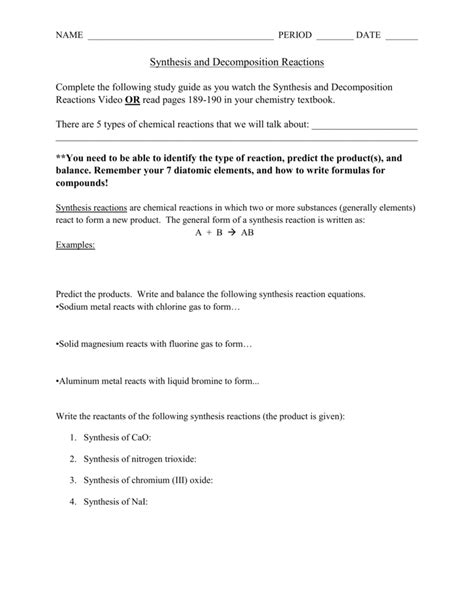 Synthesis And Decomposition Reactions Worksheet