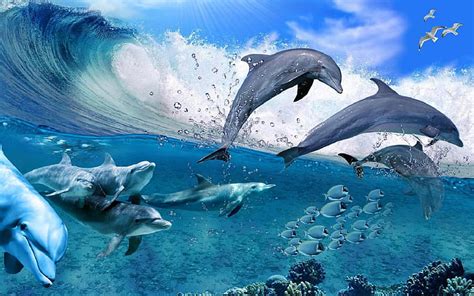 HD wallpaper: Dolphins Game Sea Waves Fish Coral Sea Gullies In Years ...