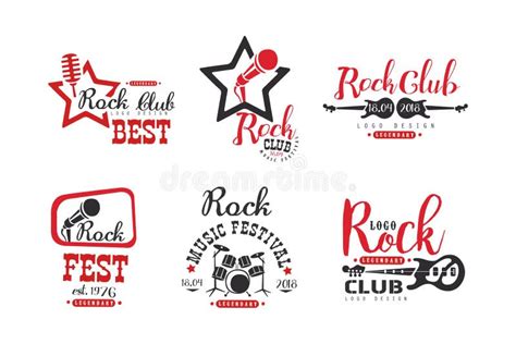 Hard Rock Club Logo And Emblems With Electric Guitar Vector Set Stock