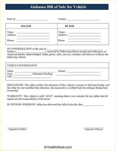 Alabama Bill Of Sale Form For General Car Vehicle And Dmv Pdf