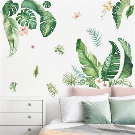 Decalmile Green Tropical Leaf Wall Stickers Plants Wall Decals Bedroom