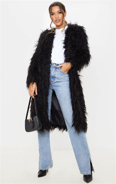 Black Shaggy Longline Faux Fur Coat Prettylittlething Usa