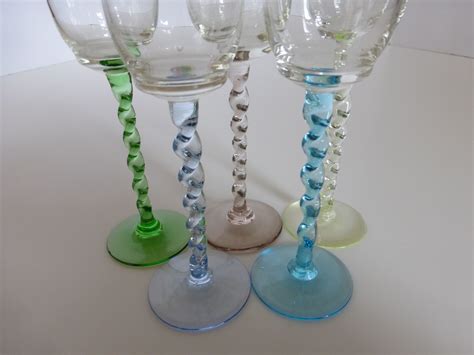 Vintage Cordial Liqueur Glasses W Colored Twisted Stems ~ Set Of 5 From