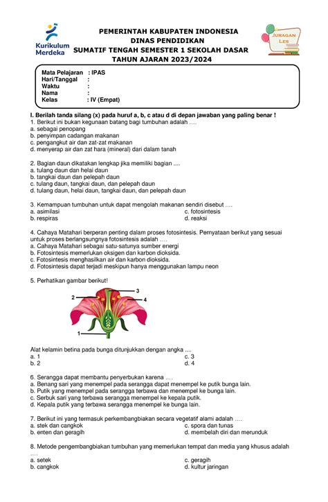 Soal Pts Sts Ipas Kelas 4 Semester 1 Kurikulum Merdeka T A 2023 2024