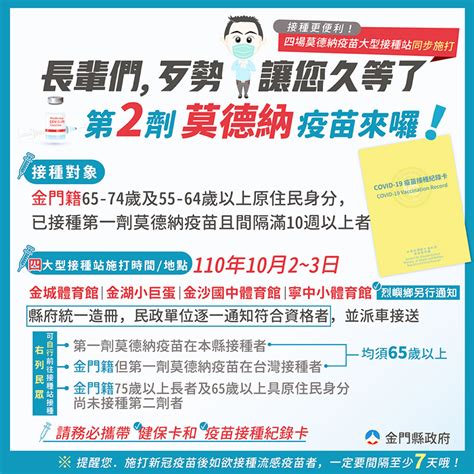 金門日報全球資訊網 縣府再次開設大型接種站 65～74歲鄉親第2劑莫德納102起開打