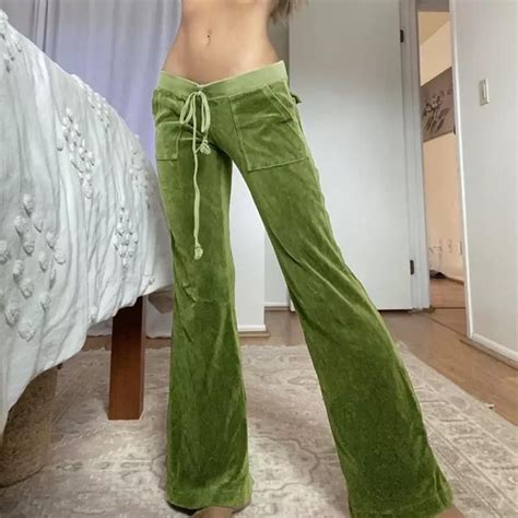 2000s Fitted Velour Tracksuit Jacket And Low Rise Pants In Green Flare Leg Pants Pants For