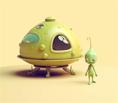 Extraterrestre De Dibujos Animados Con Una Nave Espacial Extraterrestre Verde Y Una Pequeña Ai