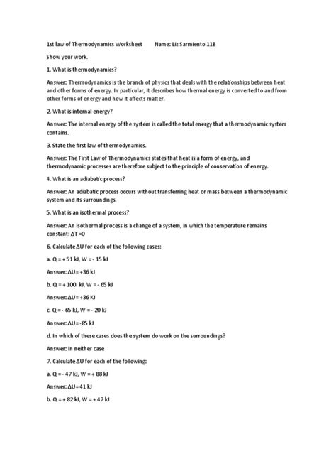 1st Law Of Thermodynamics Worksheet Pdf