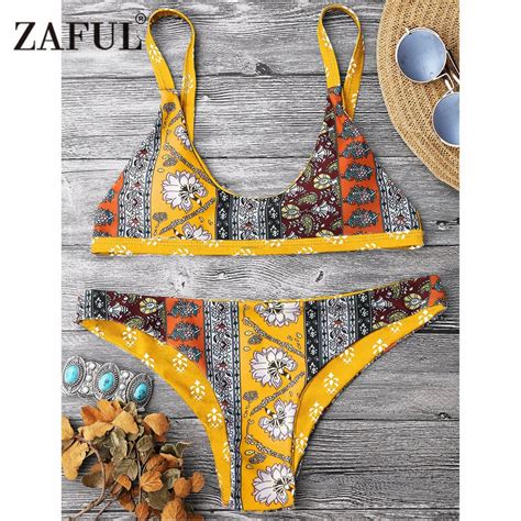 Zaful Bikini Patchwork Print Scoop Neck Bikini Set Swimsuit Womens