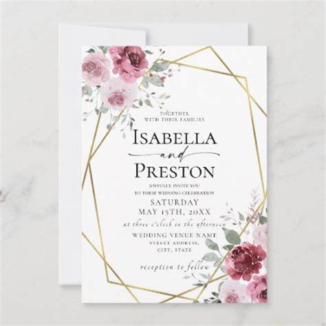 Dusty Rose Burgundy Gold Floral Wedding Invitation Floral Wedding