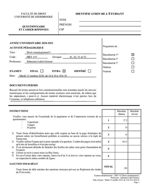 DRT119 45 Lebel Grenier quest intra A20 corrigé Examen