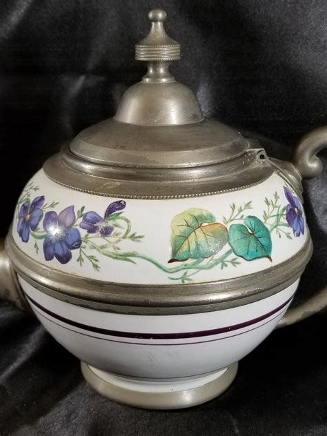 Pewter Trimmed Graniteware Teapot With Flower Decoration Etsy