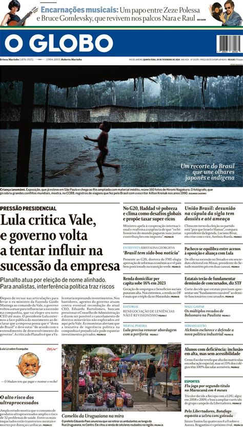 Capa O Globo Edição Quinta 29 de Fevereiro de 2024