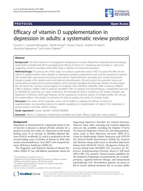 Pdf Efficacy Of Vitamin D Supplementation In Depression In Adults A