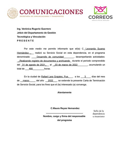 Carta De Terminacion De Servicio Social