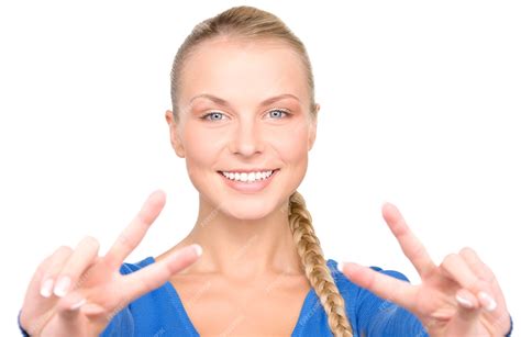 Premium Photo Bright Picture Of Lovely Blonde Showing Victory Sign