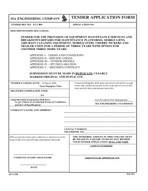 Fillable Online Tender Application Form Sia Engineering Company Fax